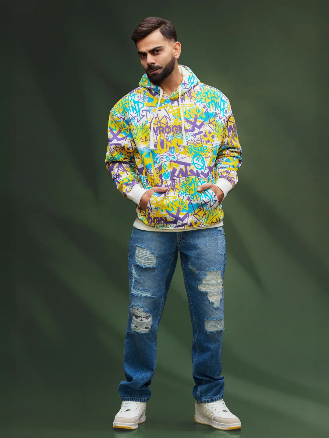 All Over Graffiti Print In Oversized Hoodie Pullover | Yellow - Image 2