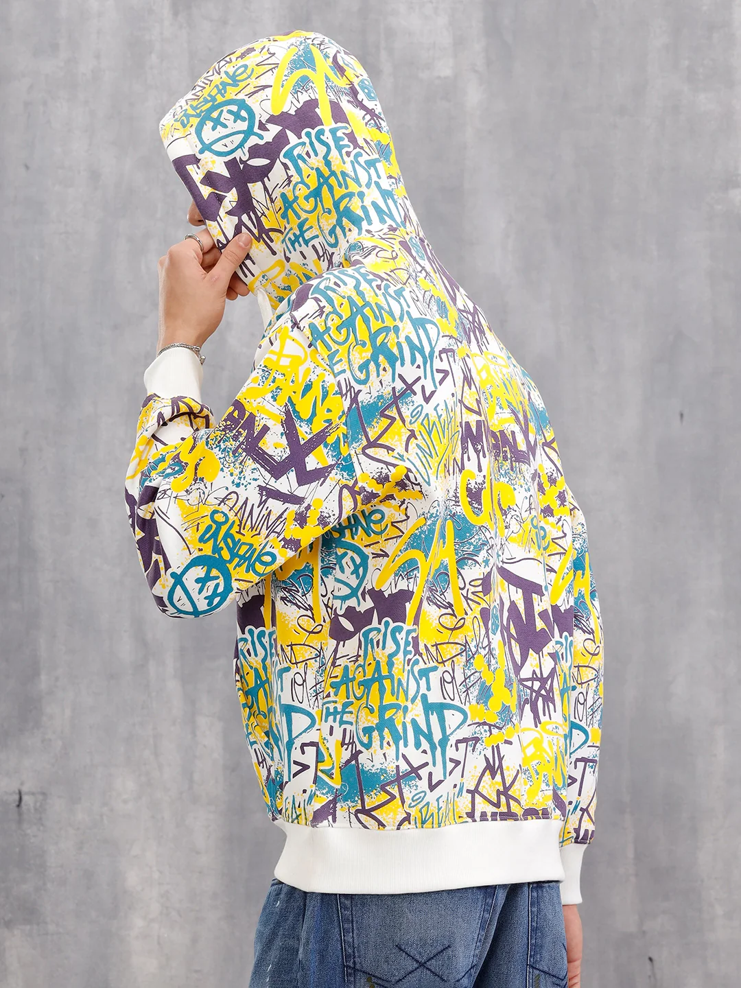 All Over Graffiti Print In Oversized Hoodie Pullover | Yellow - Image 3