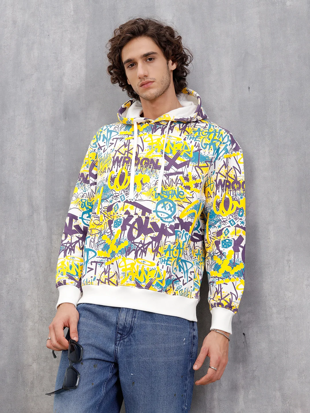 All Over Graffiti Print In Oversized Hoodie Pullover | Yellow - Image 4