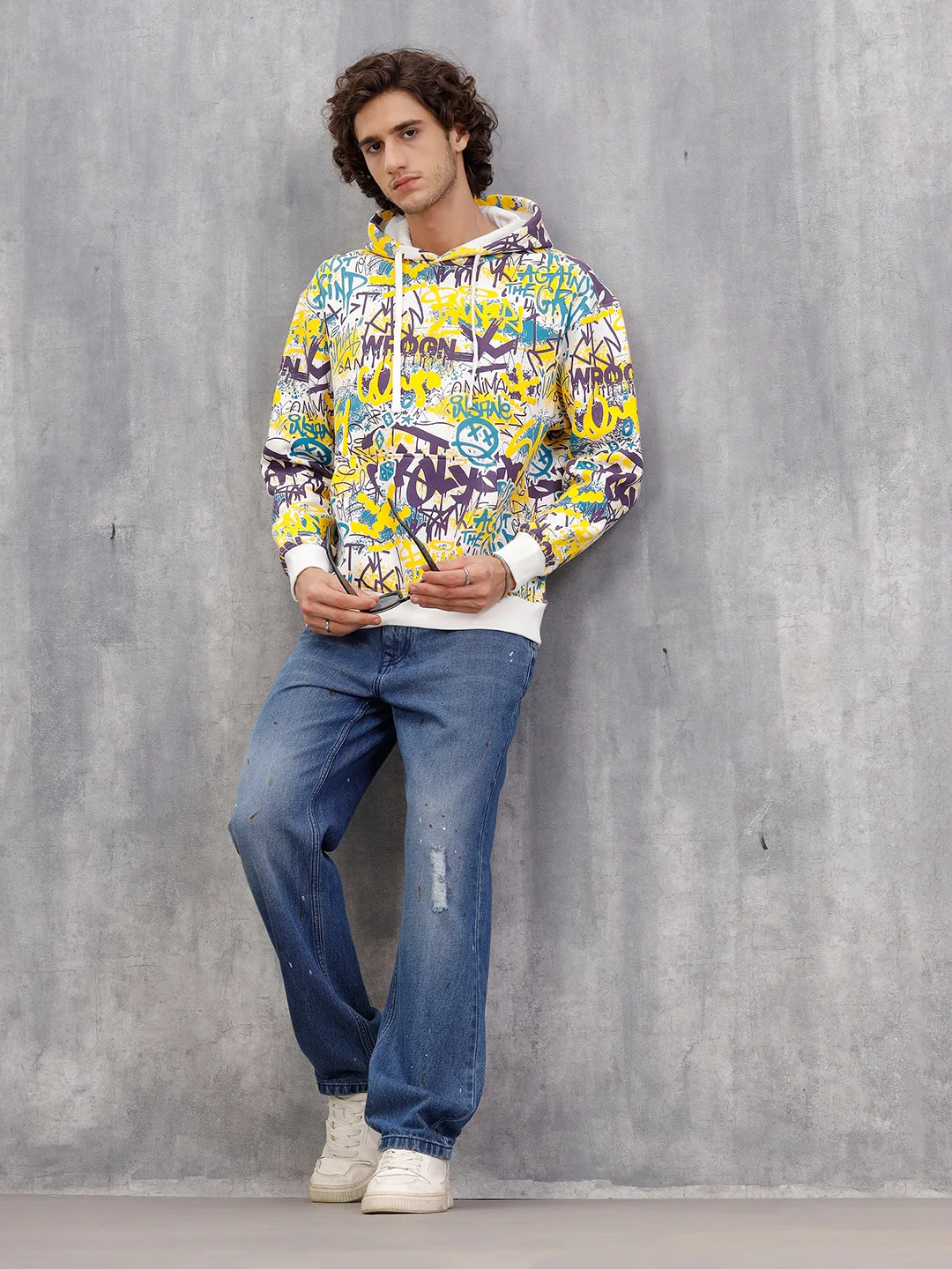 All Over Graffiti Print In Oversized Hoodie Pullover | Yellow - Image 5