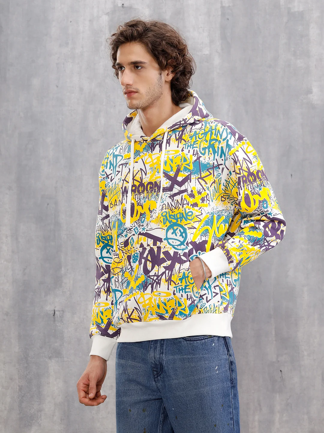 All Over Graffiti Print In Oversized Hoodie Pullover | Yellow - Image 7