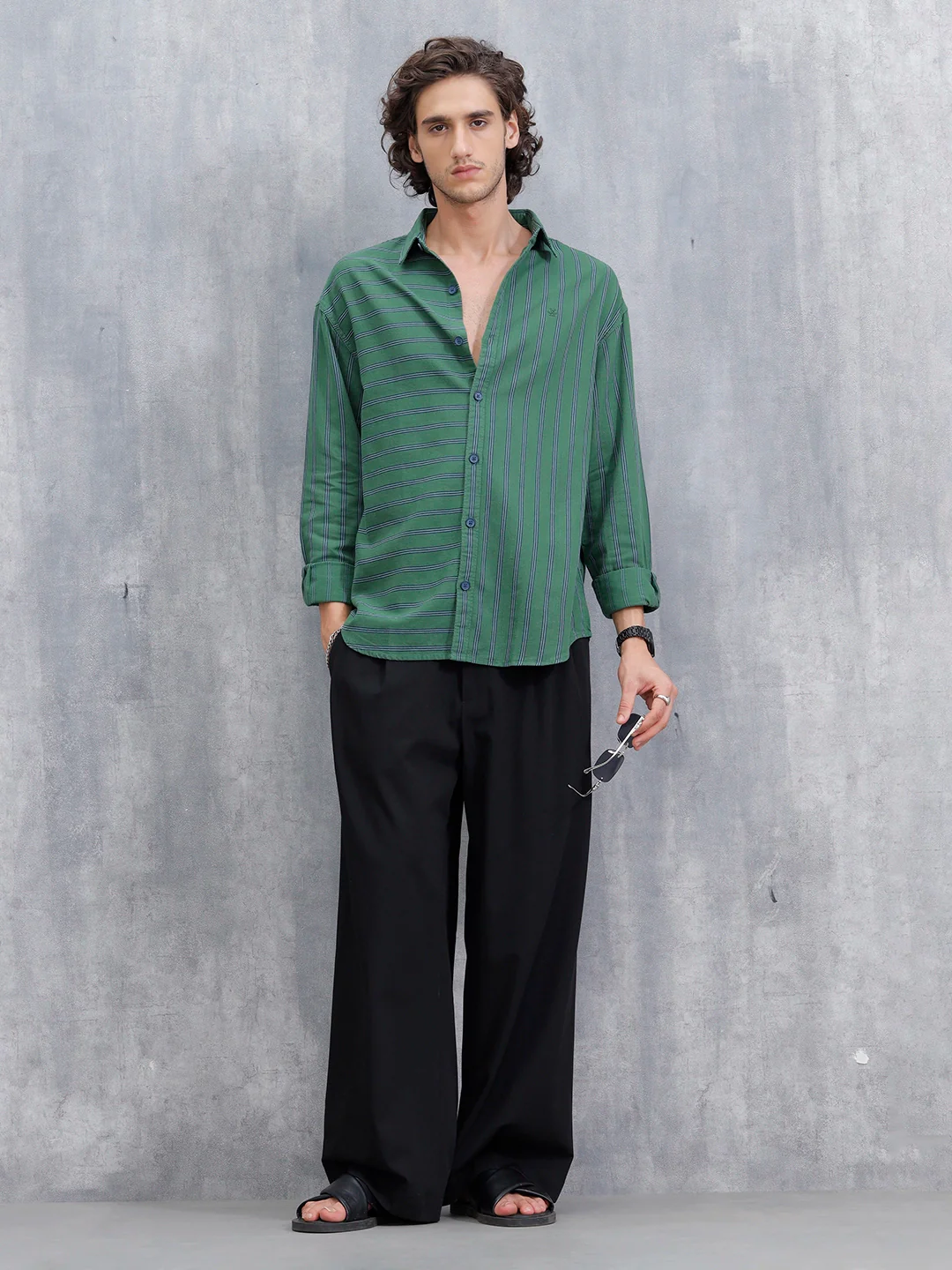 Asymmetrical Striped Oversized Shirt For Men | Dark Green - Image 2