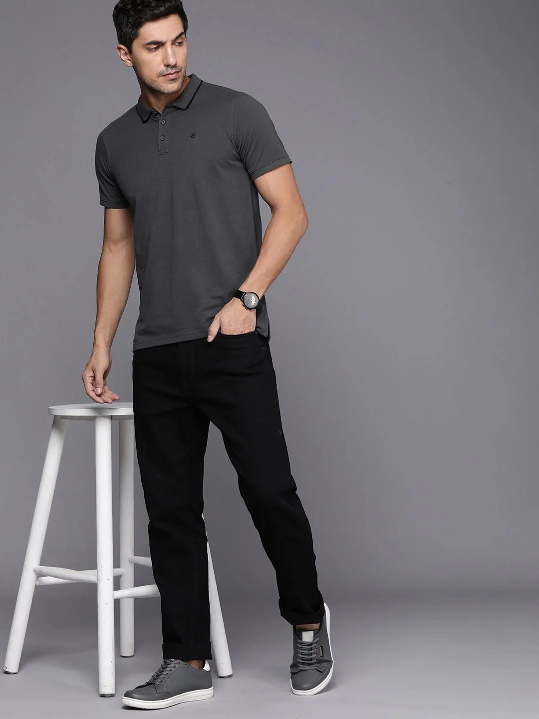 Basic Grey Polo Collar T-Shirt - Image 2