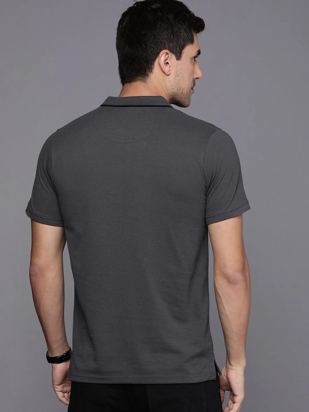 Basic Grey Polo Collar T-Shirt - Image 3