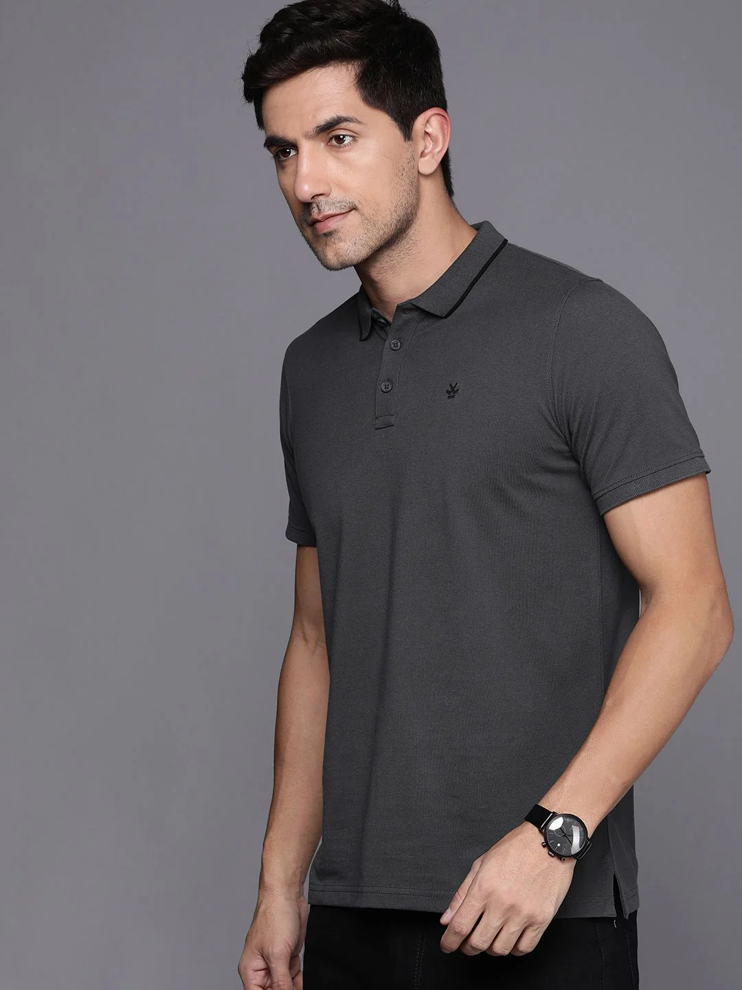 Basic Grey Polo Collar T-Shirt - Image 4