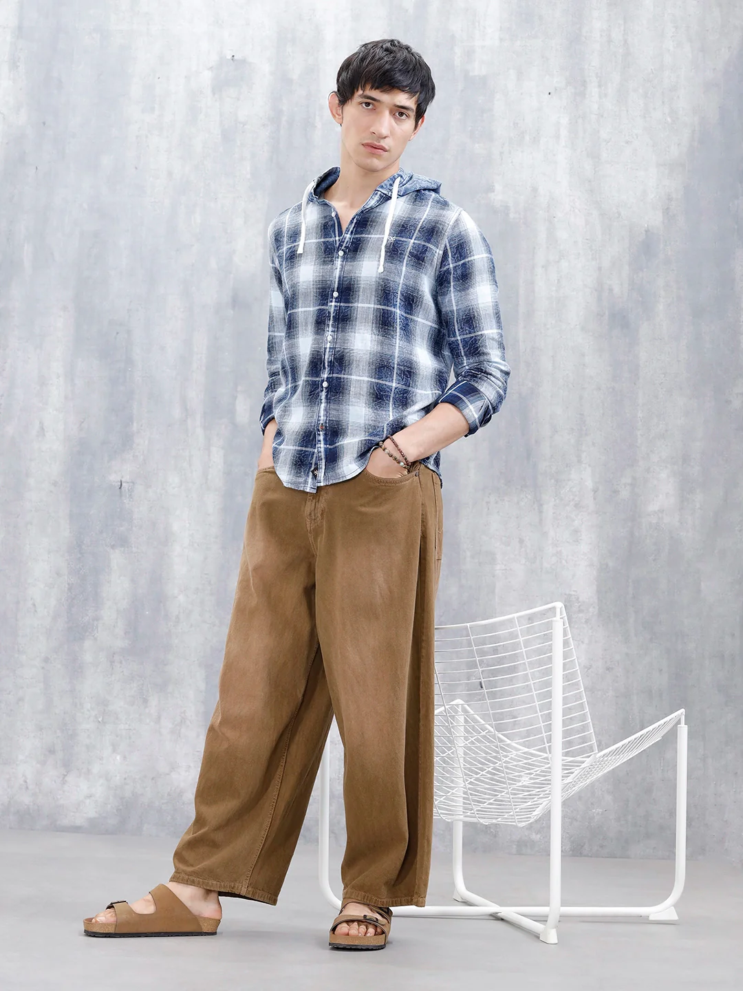 Casual Slim Fit Shadow Checkered Pattern Shirt | Navy Blue - Image 3