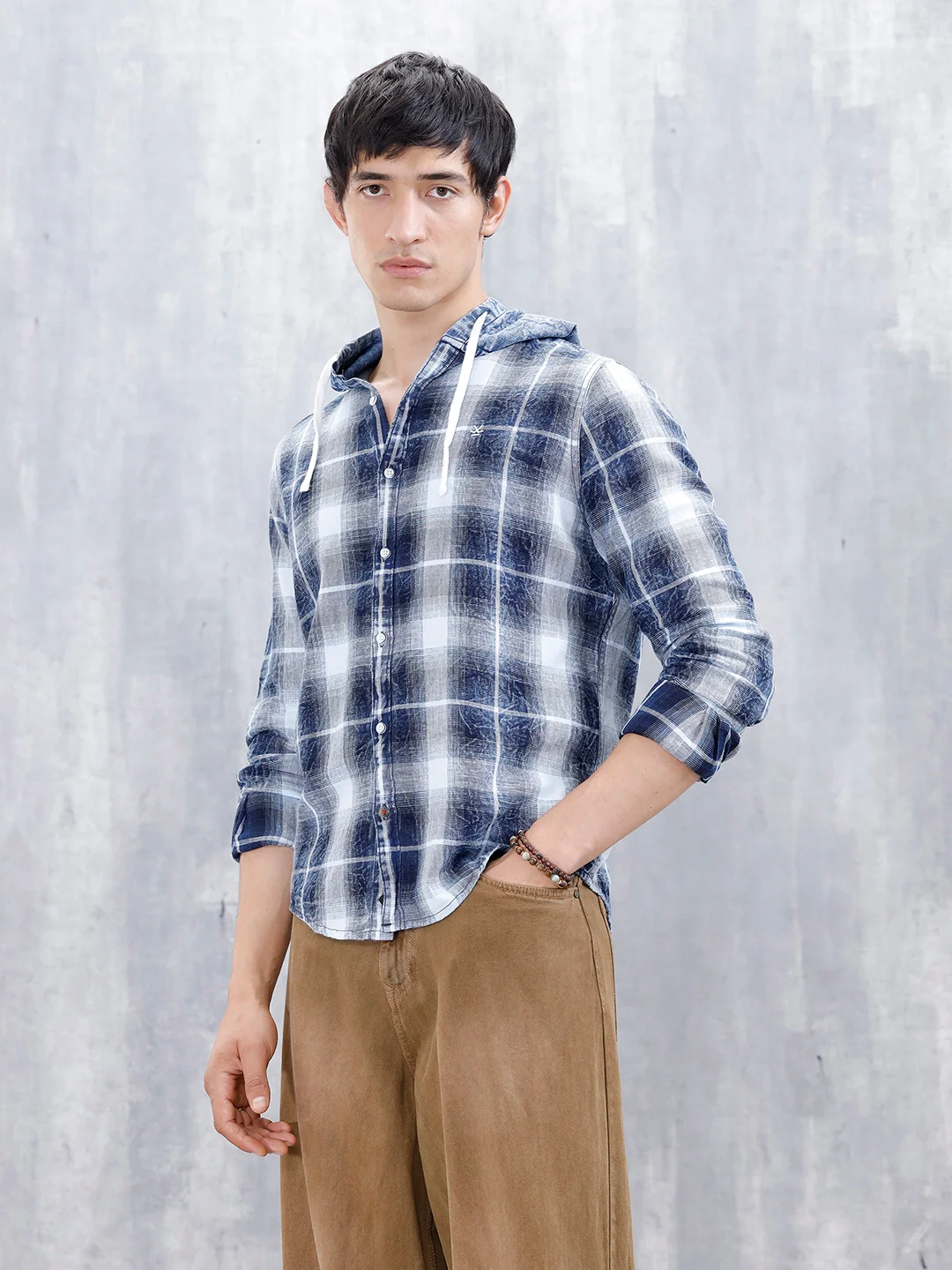 Casual Slim Fit Shadow Checkered Pattern Shirt | Navy Blue - Image 5