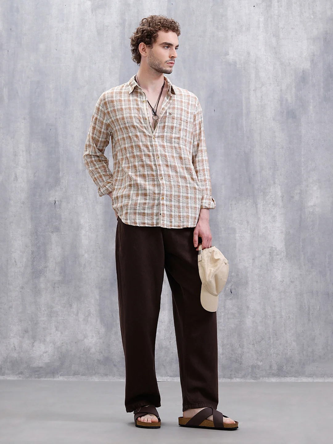 Checked Linen Blend Shirt | Khaki - Image 2