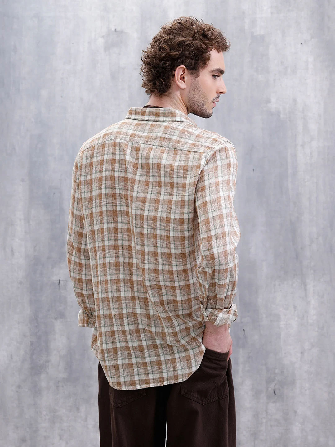 Checked Linen Blend Shirt | Khaki - Image 3