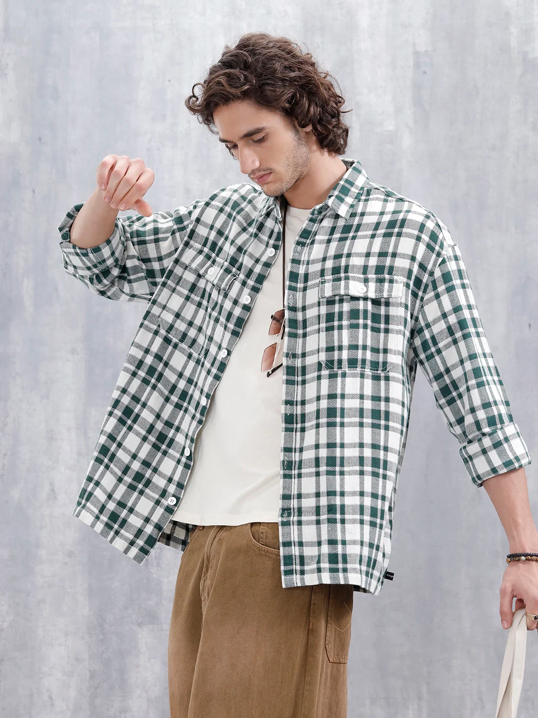 Checkered Pattern Double Pocket Oversized Fit Shirt | Green