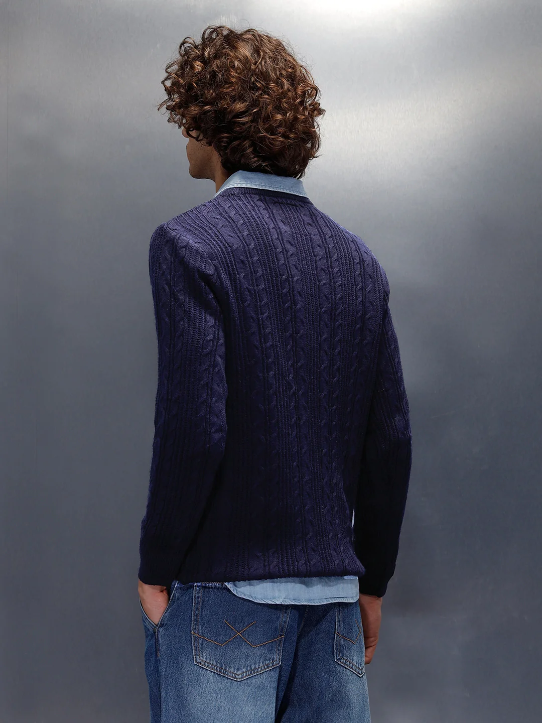 Chunky Cable Knit Slim Fit Crew Neck Sweater | Navy Blue - Image 3