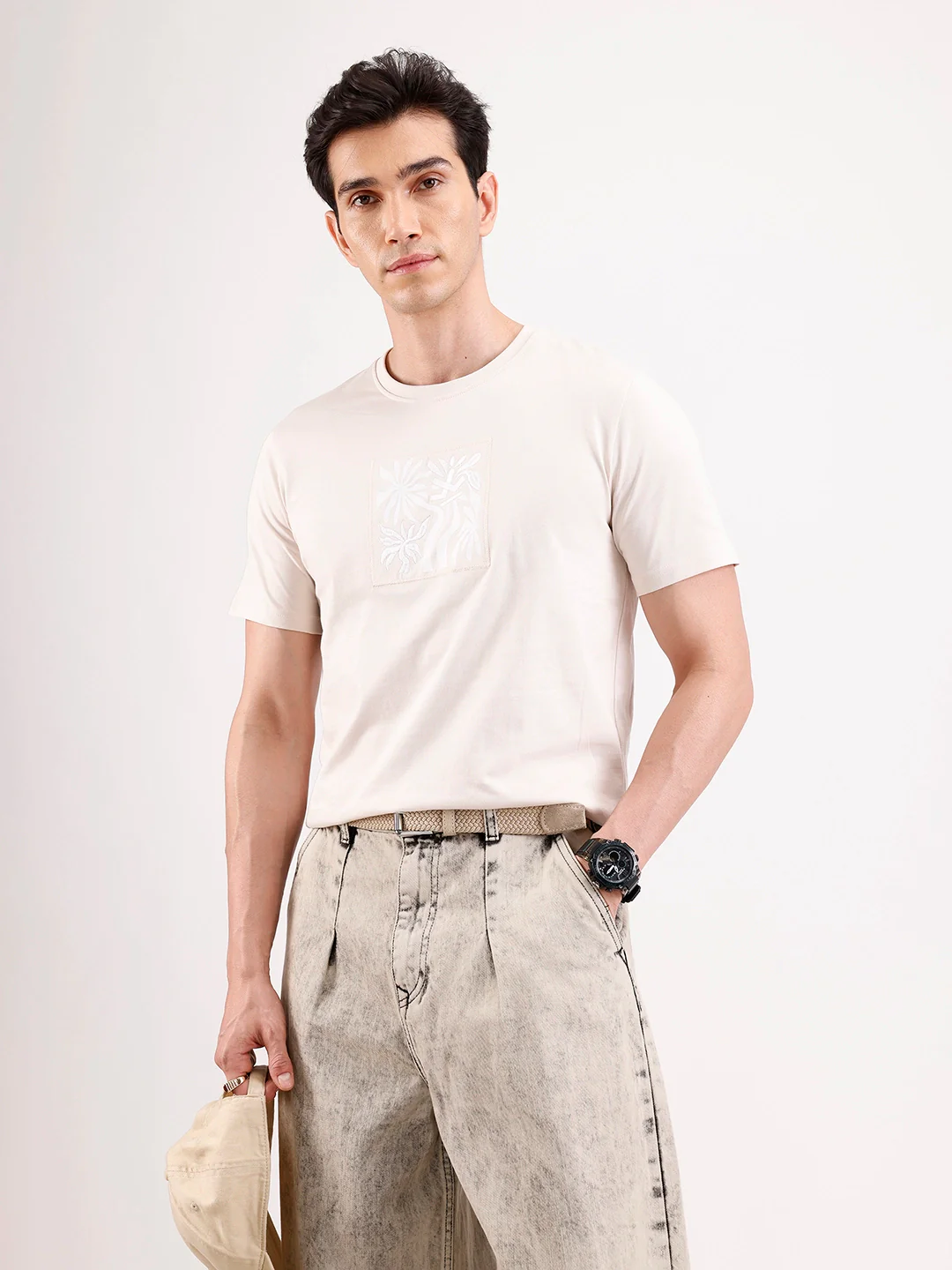 Classic Emroidered Patch T-Shirt | Beige