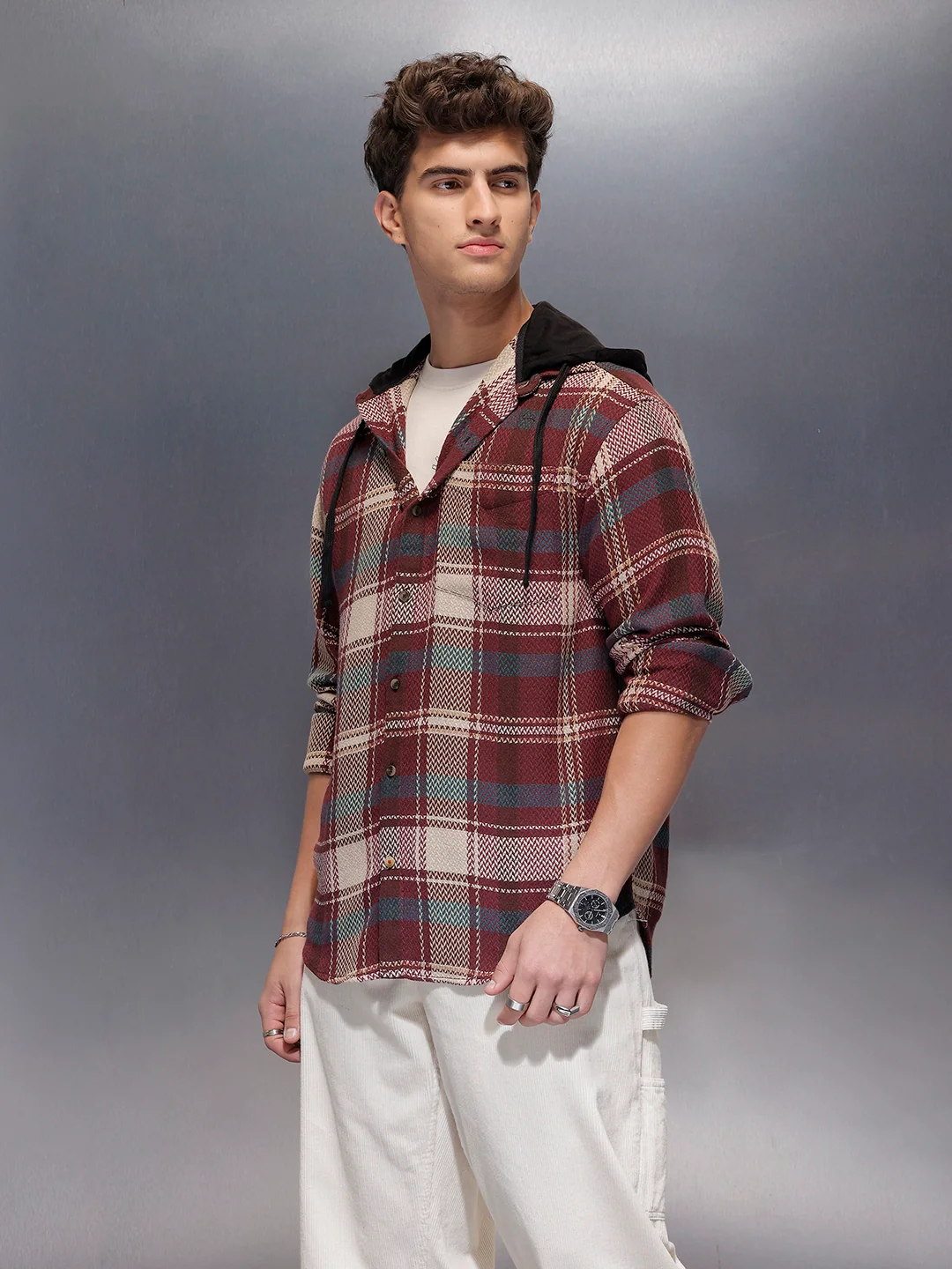 Classic Herringbone Hooded Shirt | Maroon - Image 3