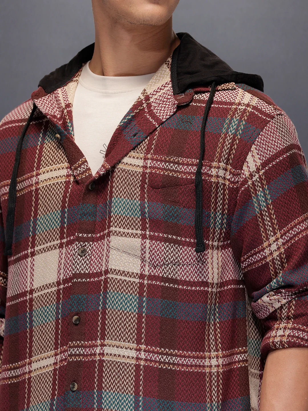 Classic Herringbone Hooded Shirt | Maroon - Image 4
