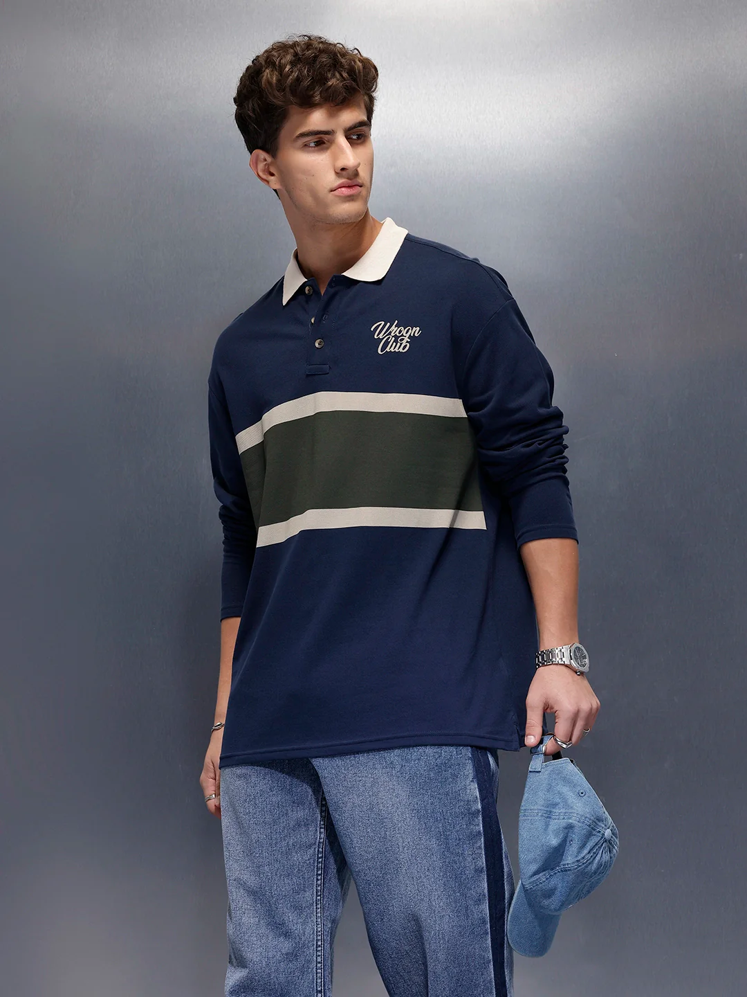 Classic Oversized Full Sleeves Polo T-Shirt | Navy Blue