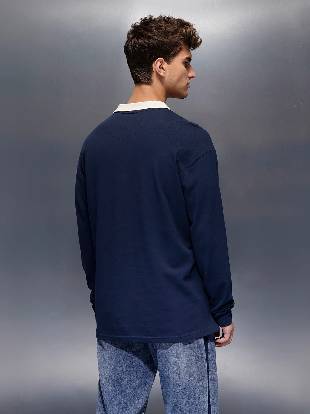 Classic Oversized Full Sleeves Polo T-Shirt | Navy Blue - Image 3
