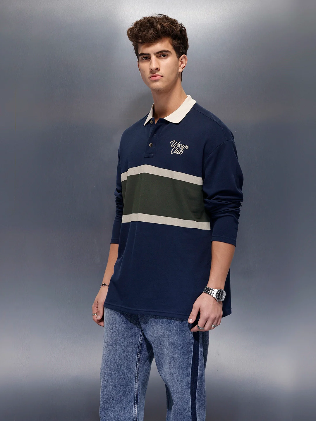 Classic Oversized Full Sleeves Polo T-Shirt | Navy Blue - Image 4