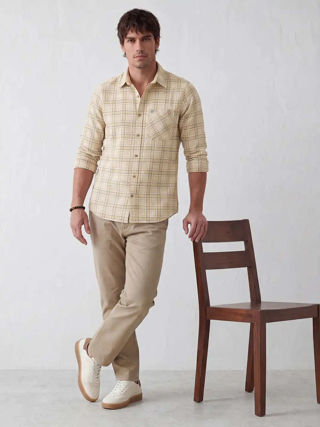 Classic Regular Fit Checkered Shirt | Beige - Image 2