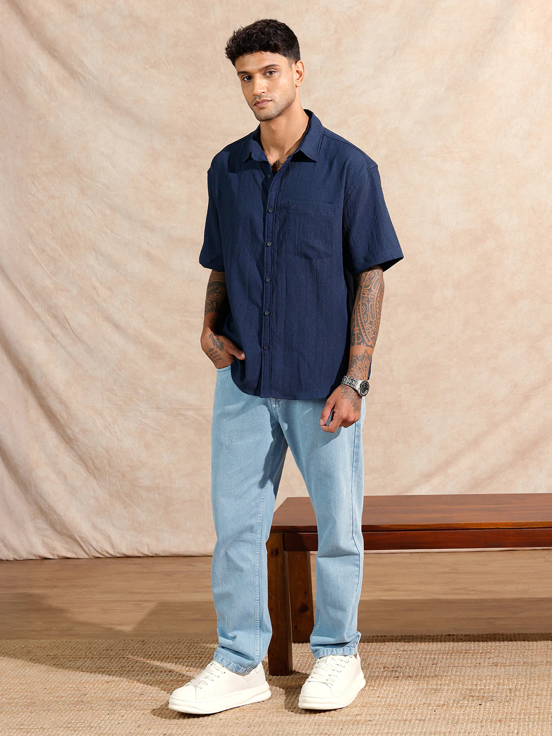 Classic Textured Short Sleeve Shirt | Navy Blue - Image 2