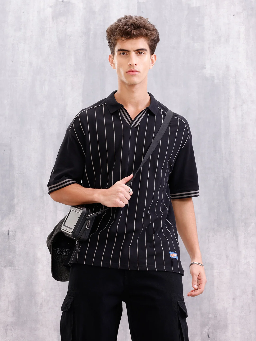 Club-Inspired Retro Johnny Collar Striped T-Shirt | Black
