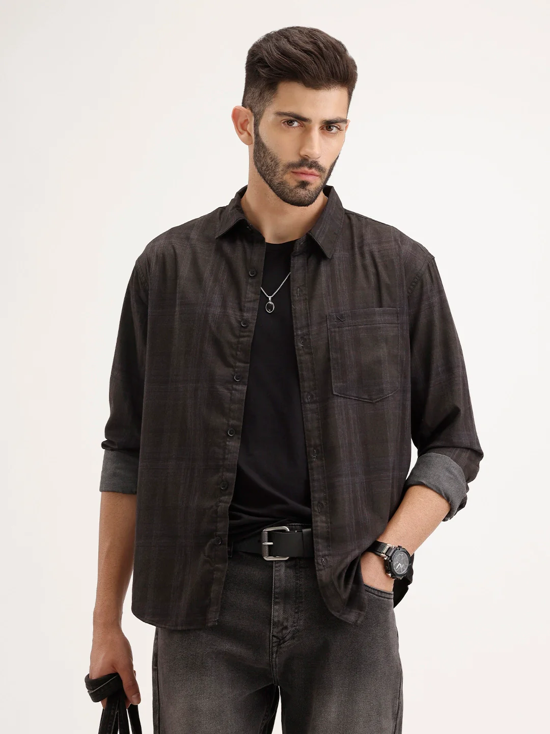 Comfort Fit Checekred Shirt | Black