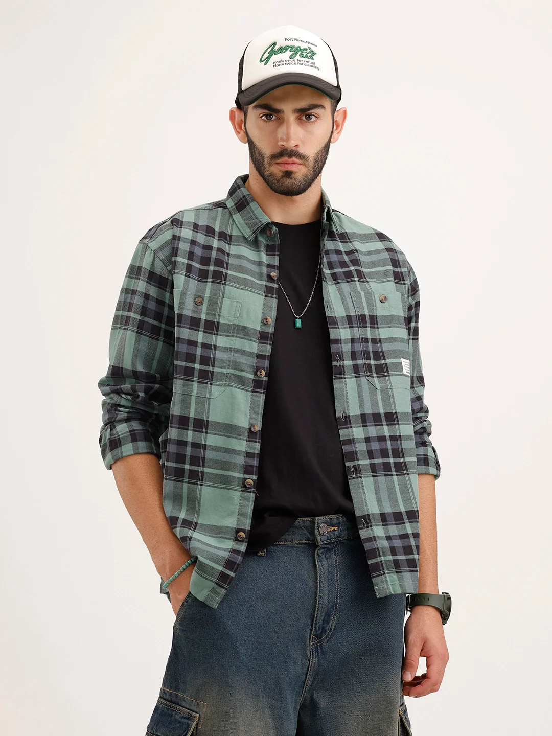 Comfort Fit Double Pocket Checkered Shirt | Green