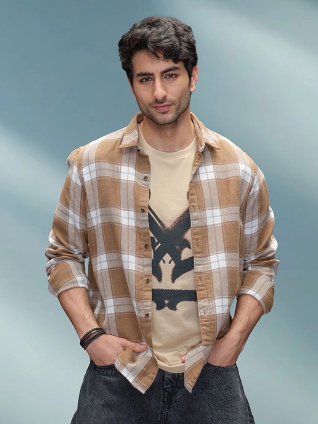 Double Layered Check Slim Fit Shirt | Brown