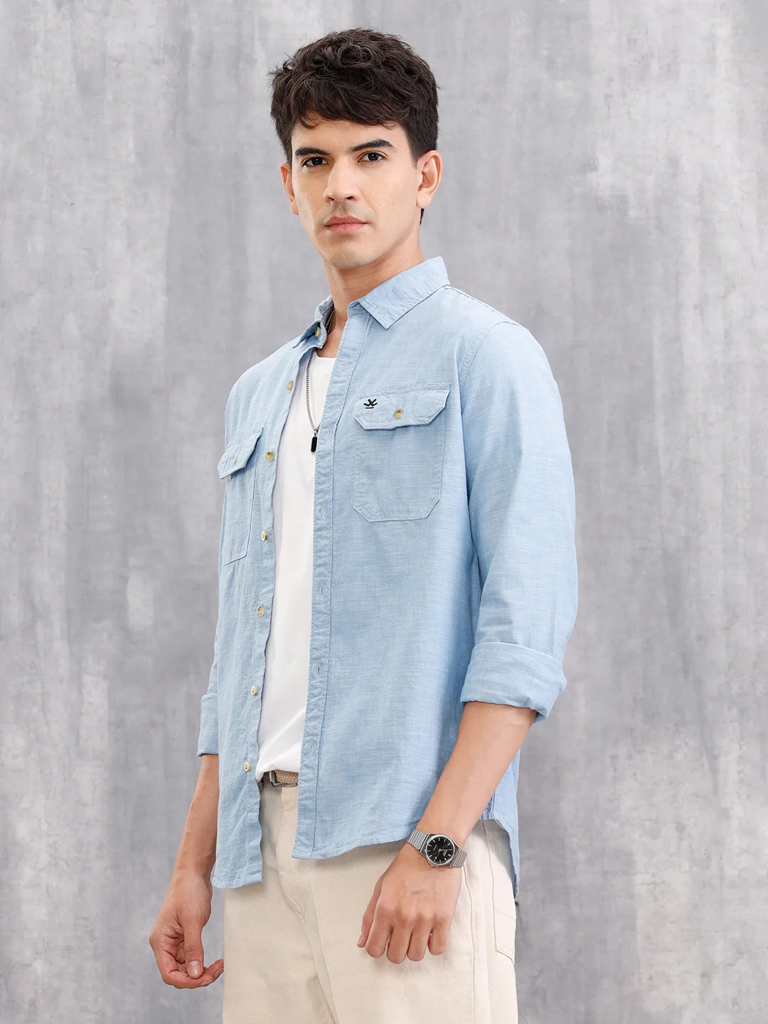 Double Pocket Chambray Shirt In Regular Fit | Blue - Image 4