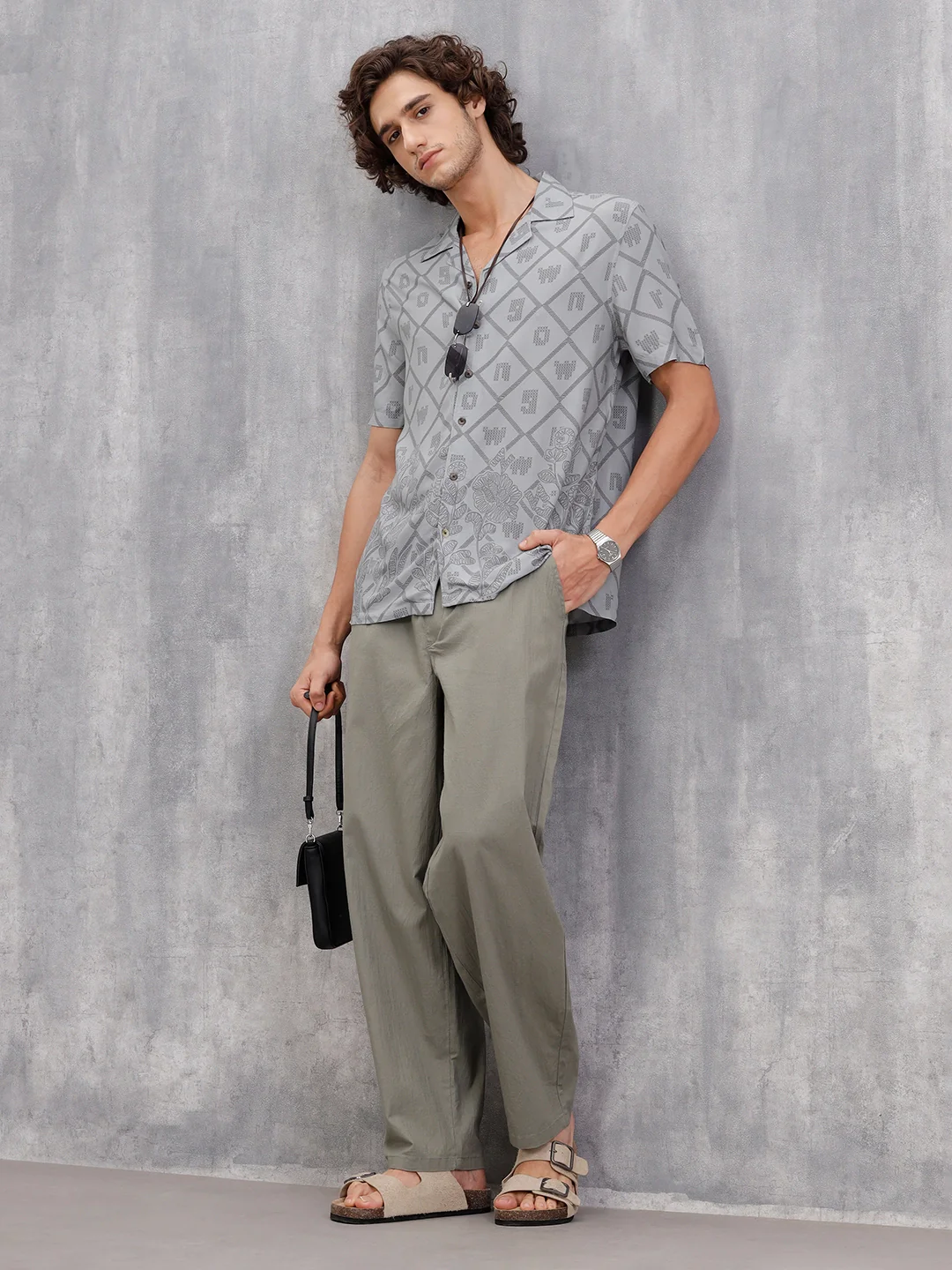 Fluid Placement Print Shirt In Resort Collar | Grey - Image 2