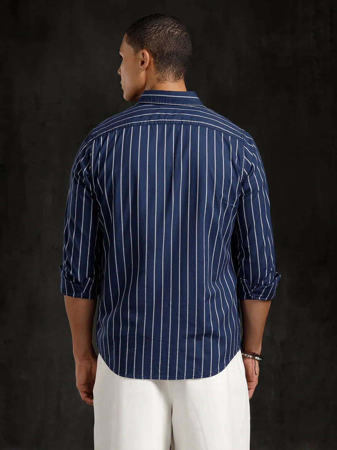 Herringbone Striped Slim Fit Shirt | Navy Blue - Image 3
