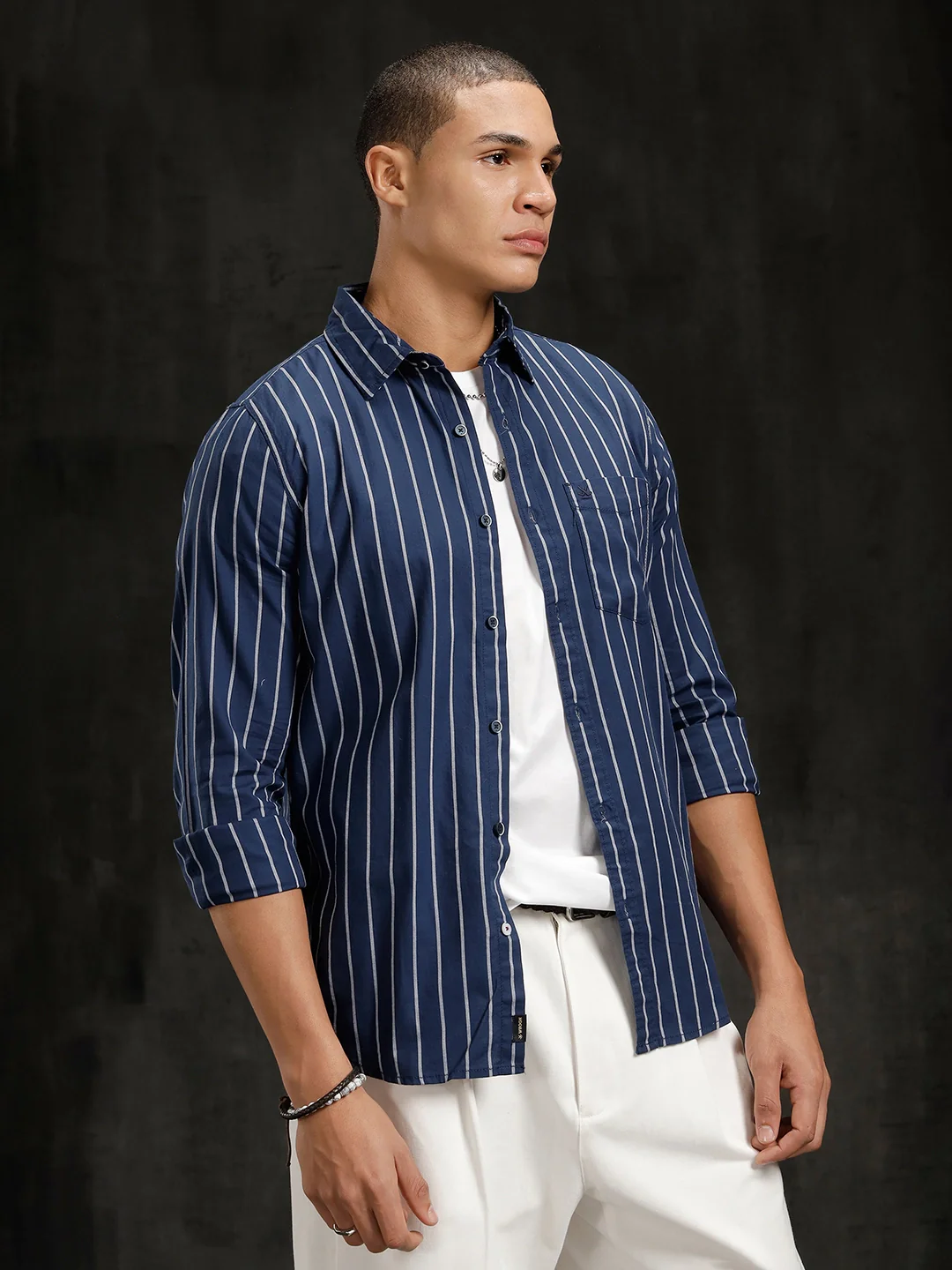 Herringbone Striped Slim Fit Shirt | Navy Blue - Image 4