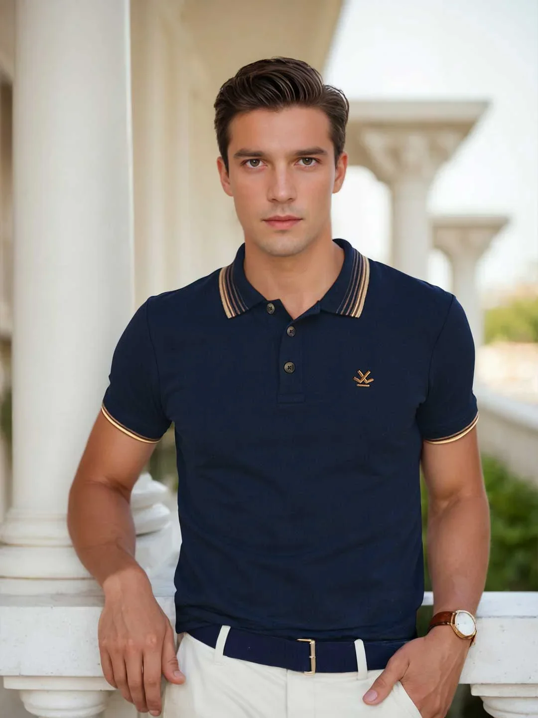 Jacquard Collar Pique Polo T-Shirt | Navy Blue - Image 2