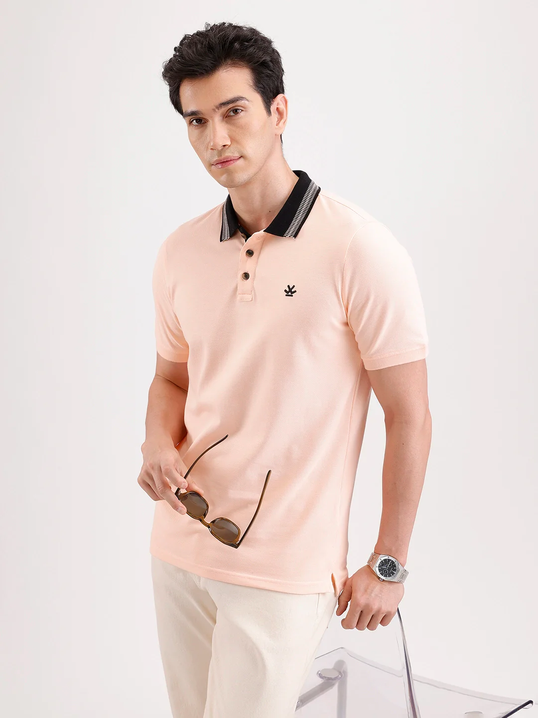 Jacquard Collar Polo T-Shirt | Peach