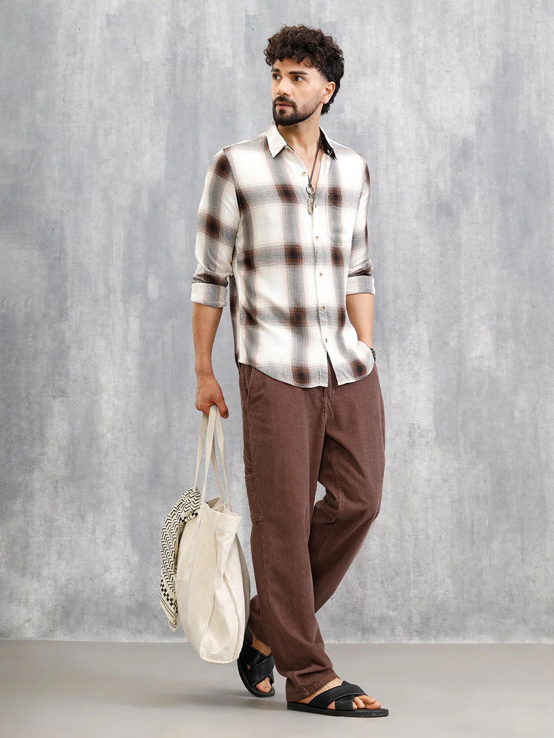 Large Scale Check Shirt In Crepe Fabric | Khaki - Image 2