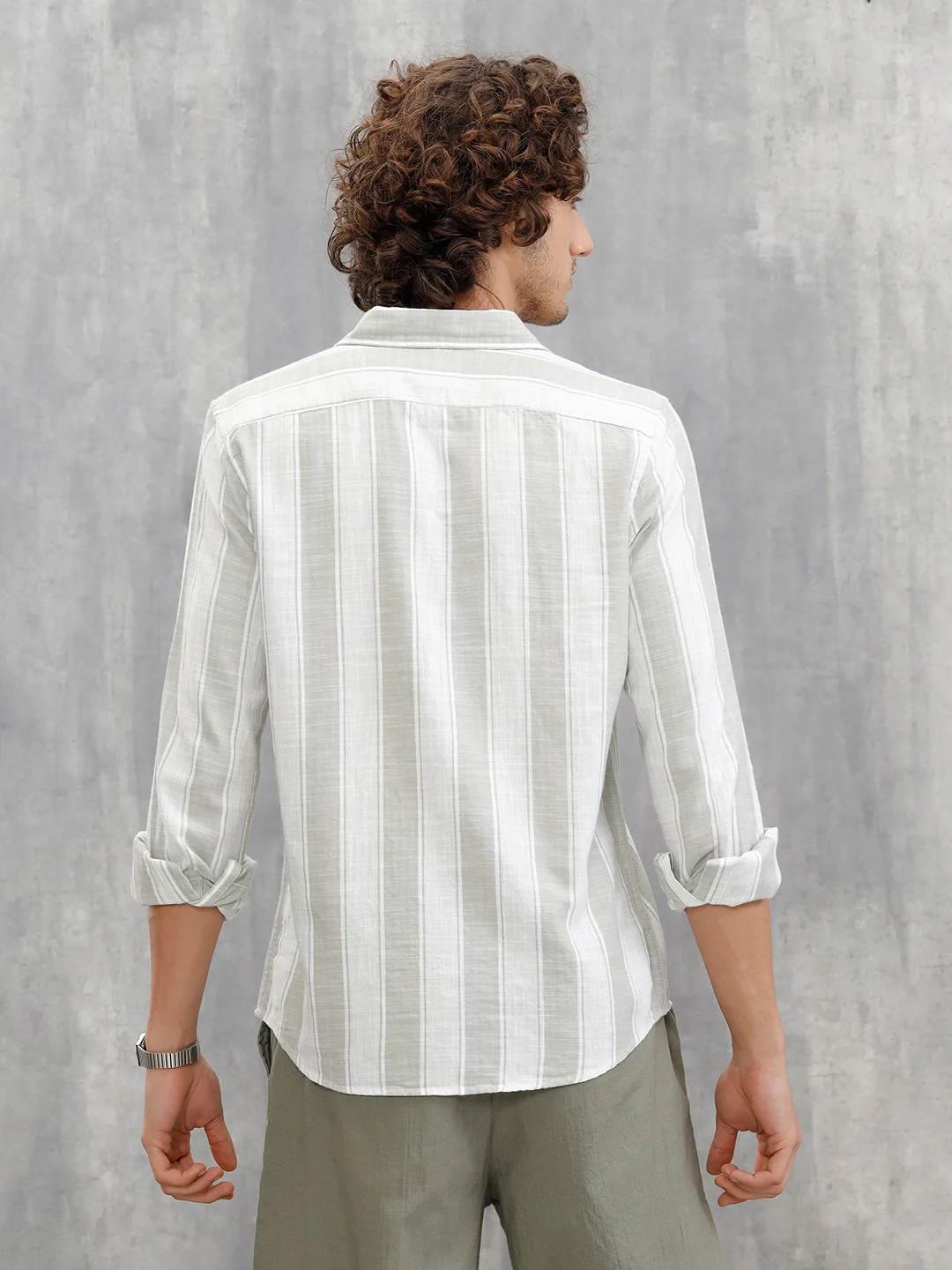Light Weight Herringbone Stripe Shirt In Slim Fit | Light Green - Image 3