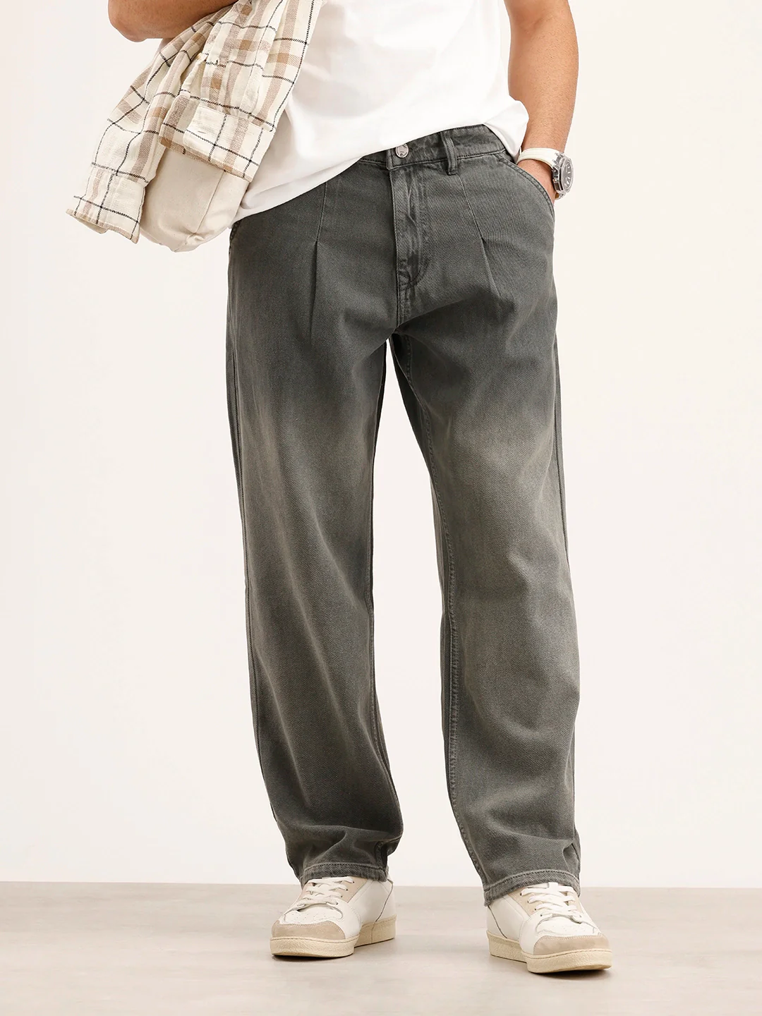 Loose Fit Pleated Denim Jeans | Grey