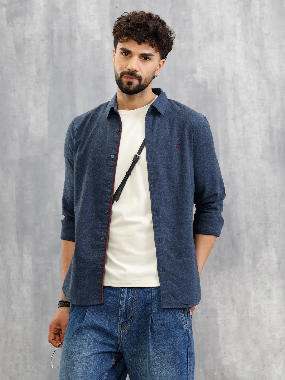 Melange Fabric Smart Shirt In Slim Fit  | Navy Blue