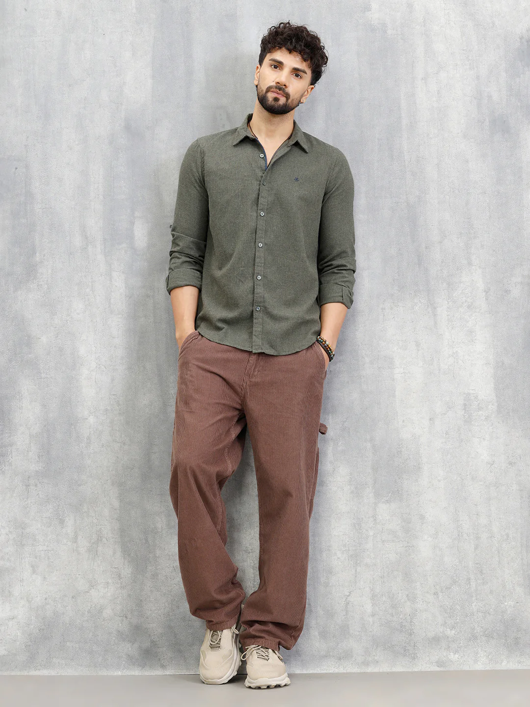 Melange Fabric Smart Shirt In Slim Fit | Olive - Image 2
