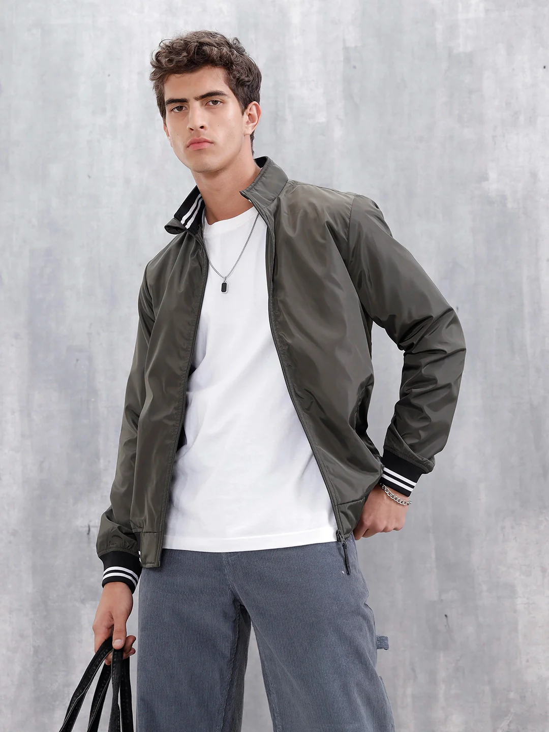Men's Casual Zip-Up Jacket With Contrast Trim | Green