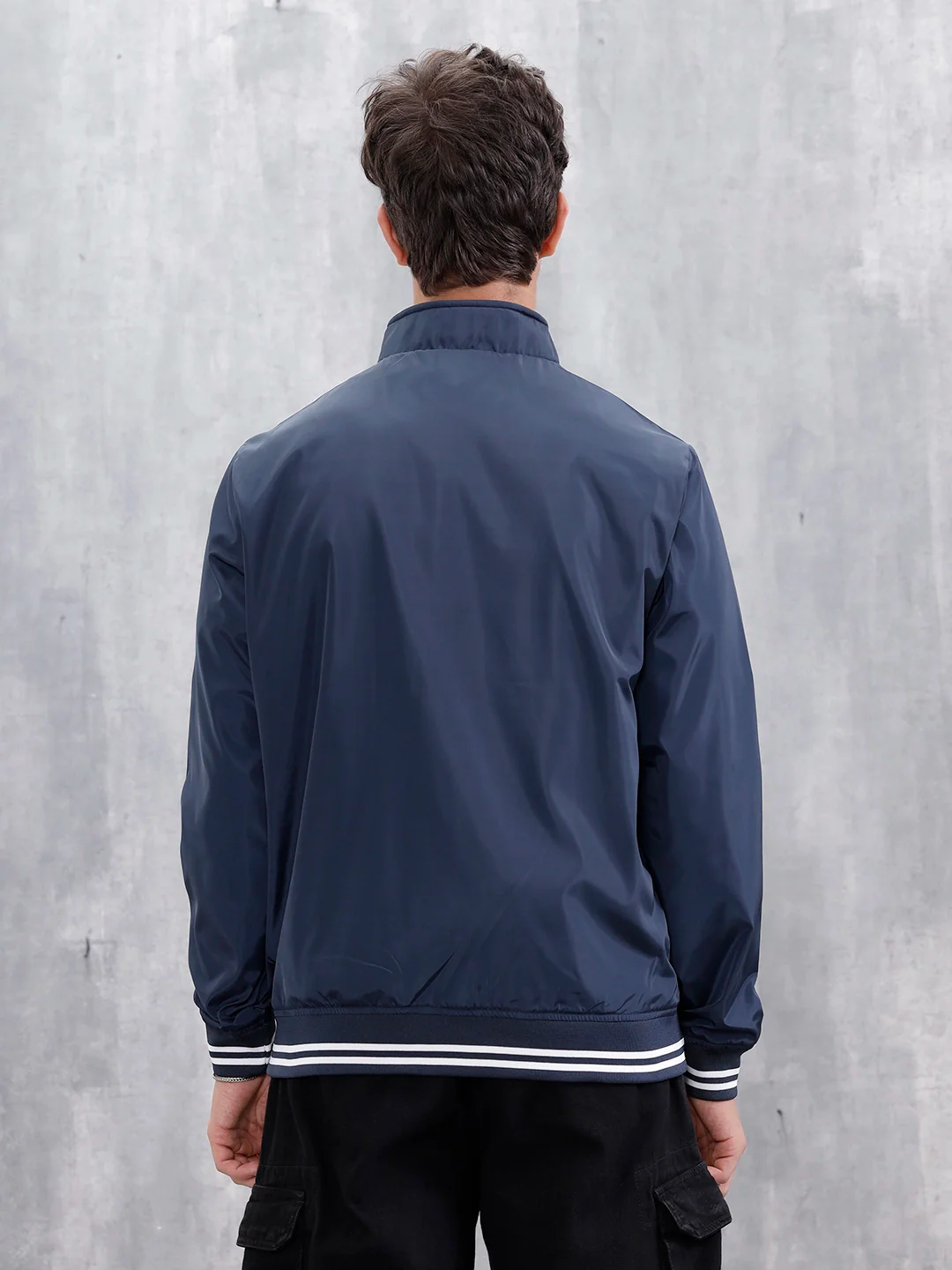 Men's Casual Zip-Up Jacket With Contrast Trim | Navy Blue - Image 3