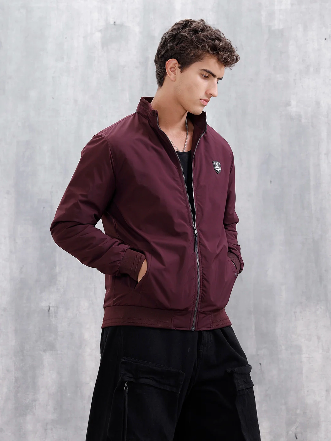 Men's Solid Casual Bomber Jacket | Maroon - Image 4