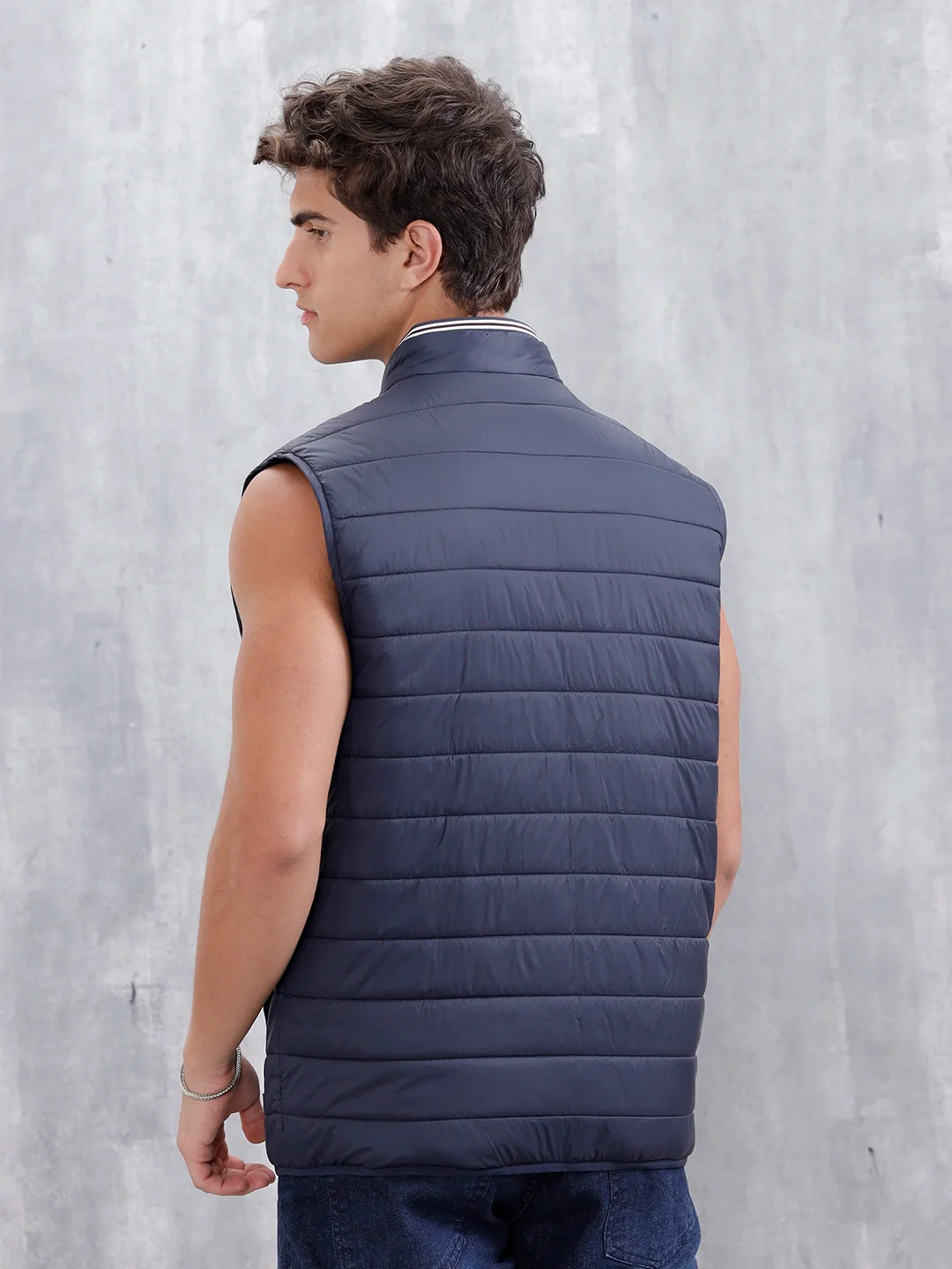 Men's Solid Casual Puffer Jacket | Navy Blue - Image 3