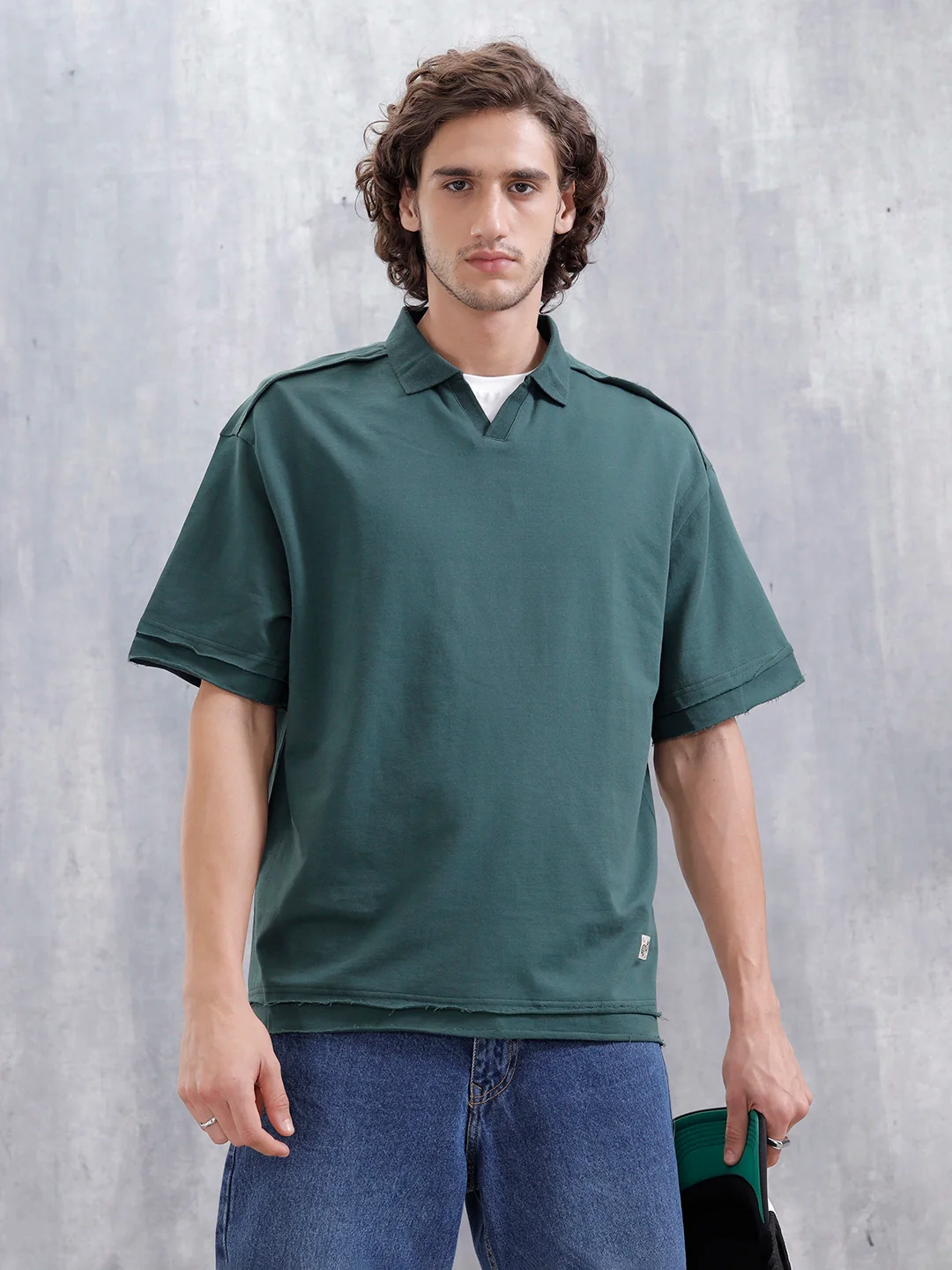 Men Oversized Fit Casual Johnny Collar T-shirt | Dark Green