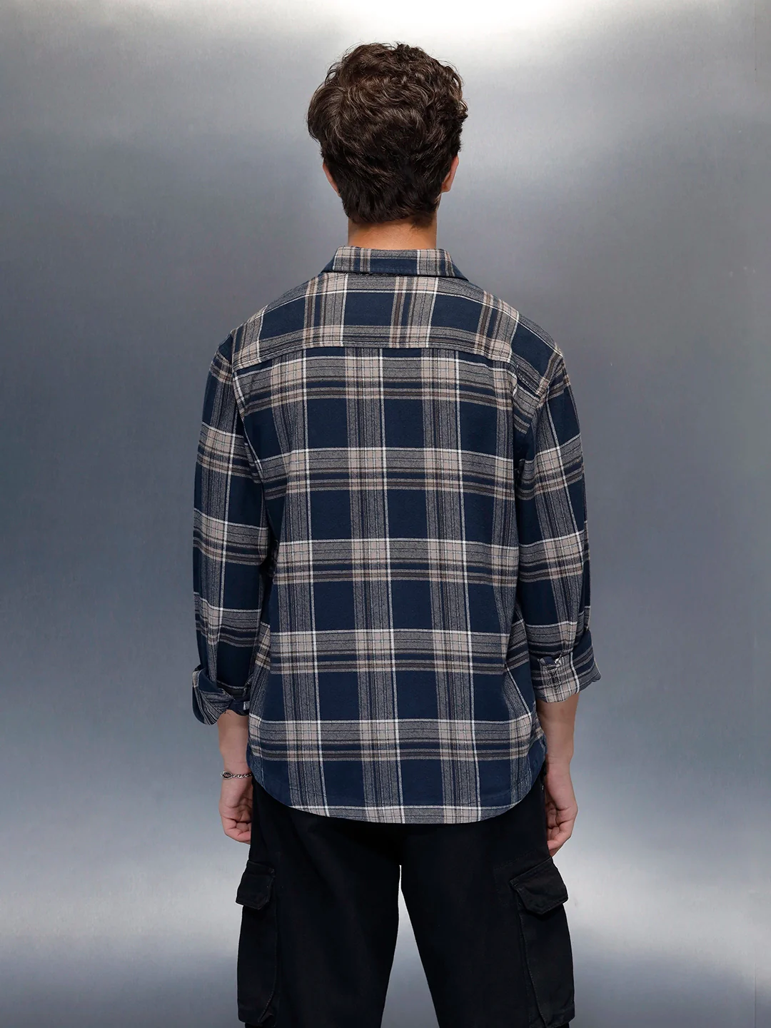 Men's casual checkered pattern regualr fit shacket | Navy Blue - Image 3
