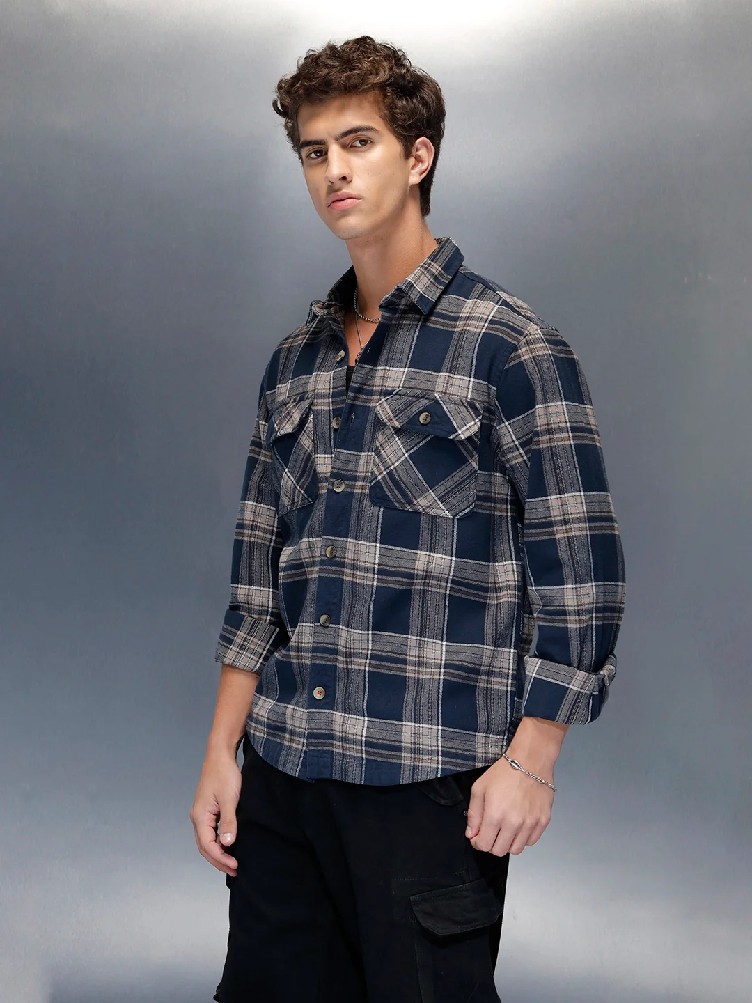 Men's casual checkered pattern regualr fit shacket | Navy Blue - Image 4