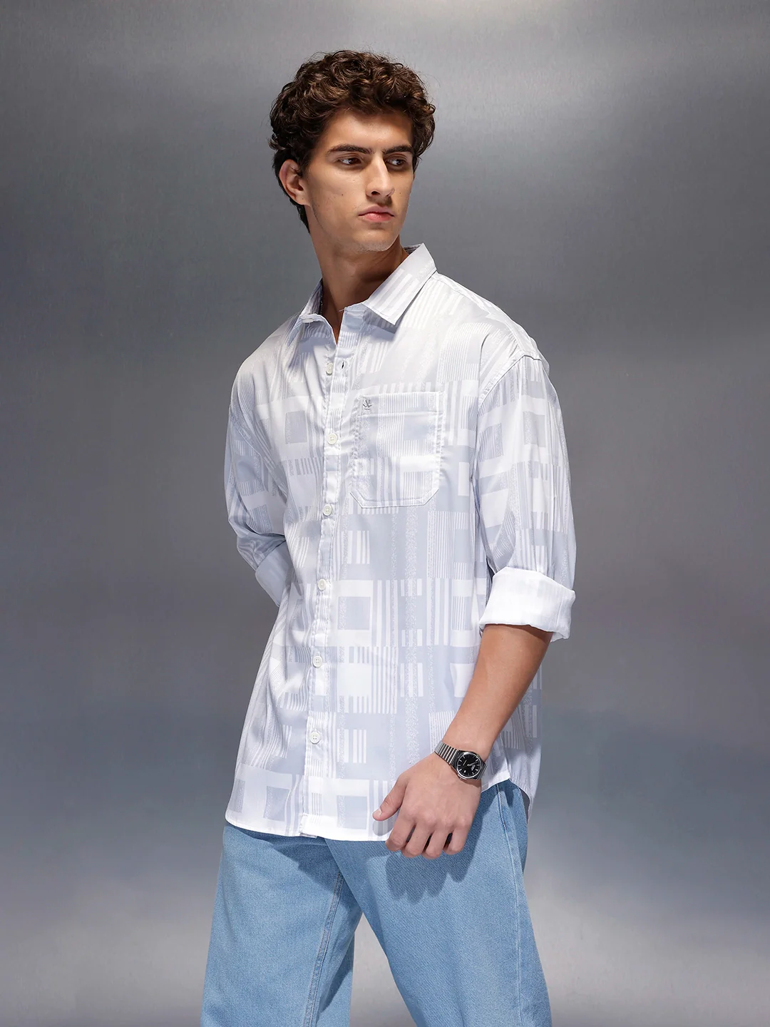 Men's Casual Oversized Abstract Printed Shirt | Grey - Image 4