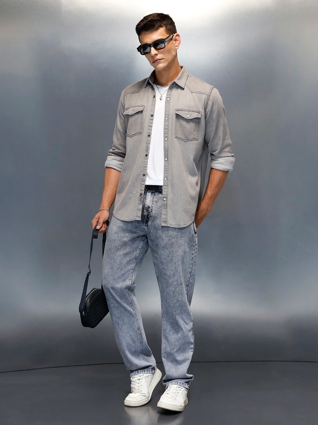 Men's Casual Slim Fit Denim Shirt | Grey - Image 2