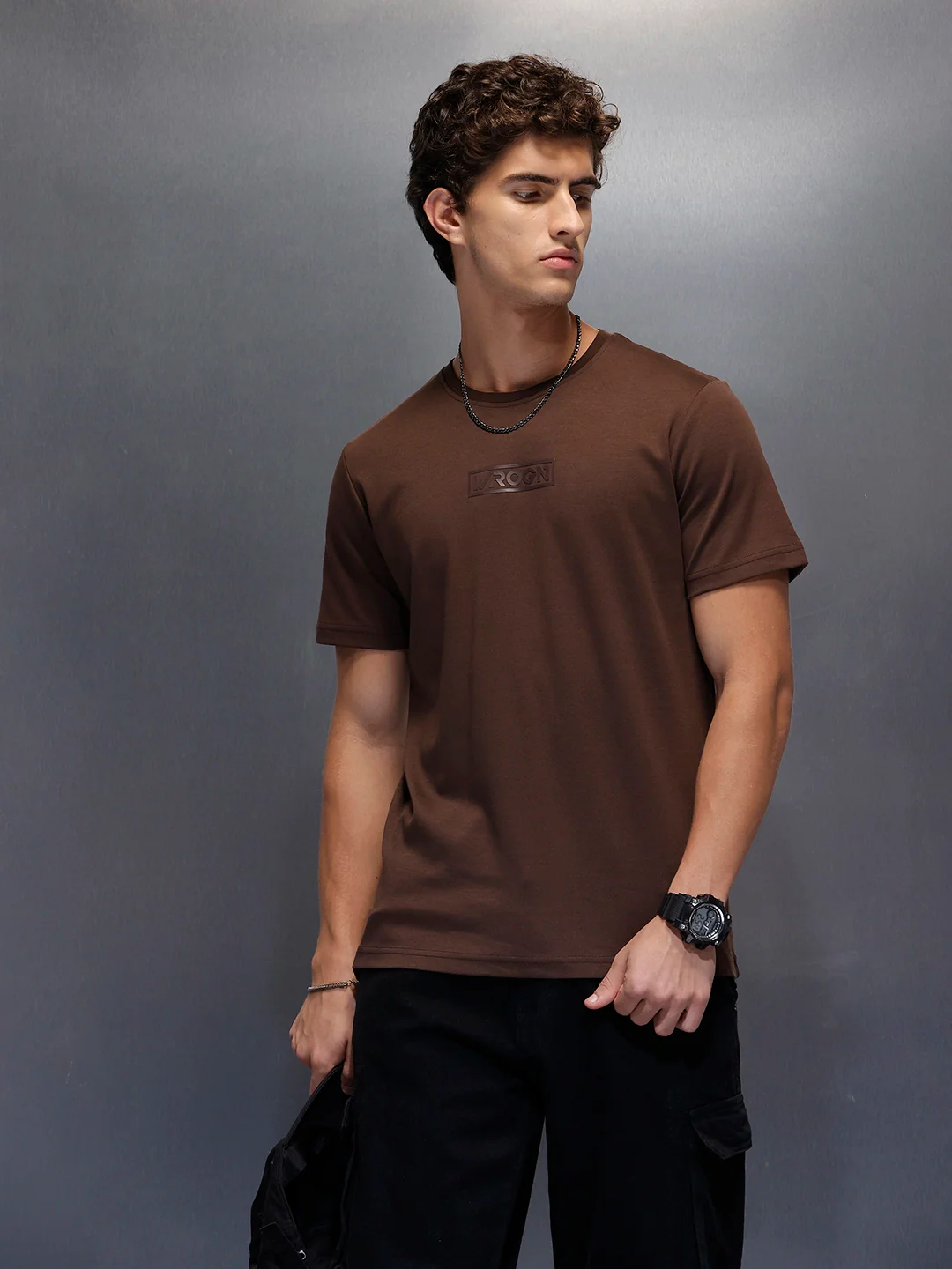 Men's Casual Slim Fit Wrogn Branded Tee | Brown