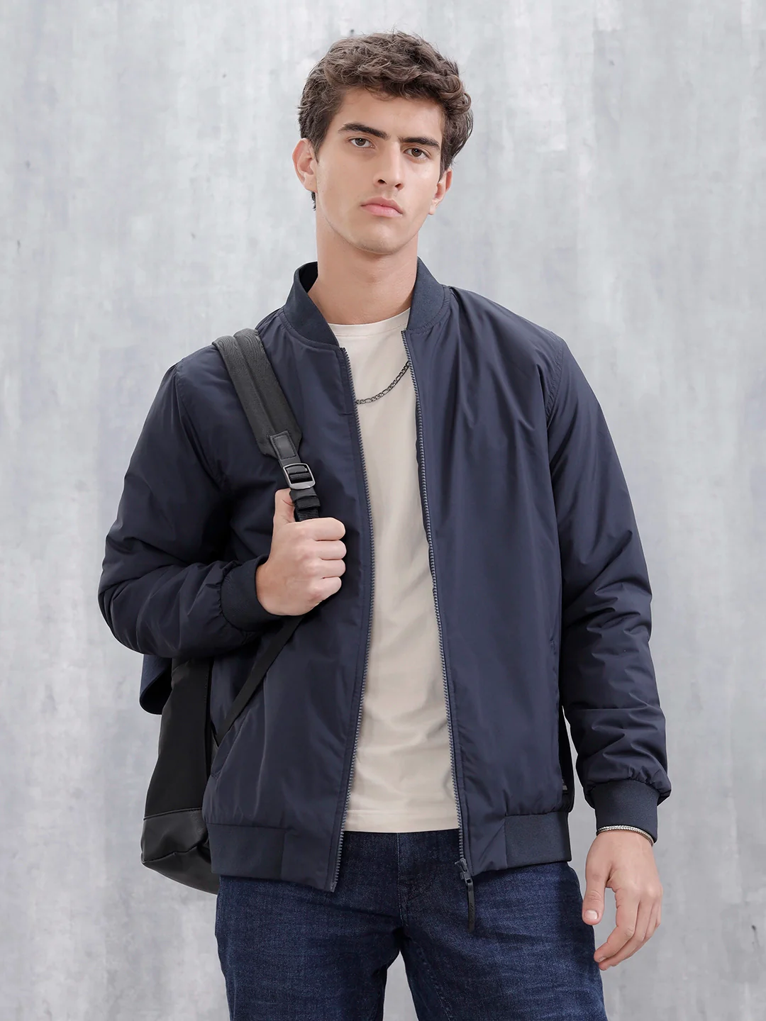 Men's Casual Solid Bomber Jacket | Navy Blue