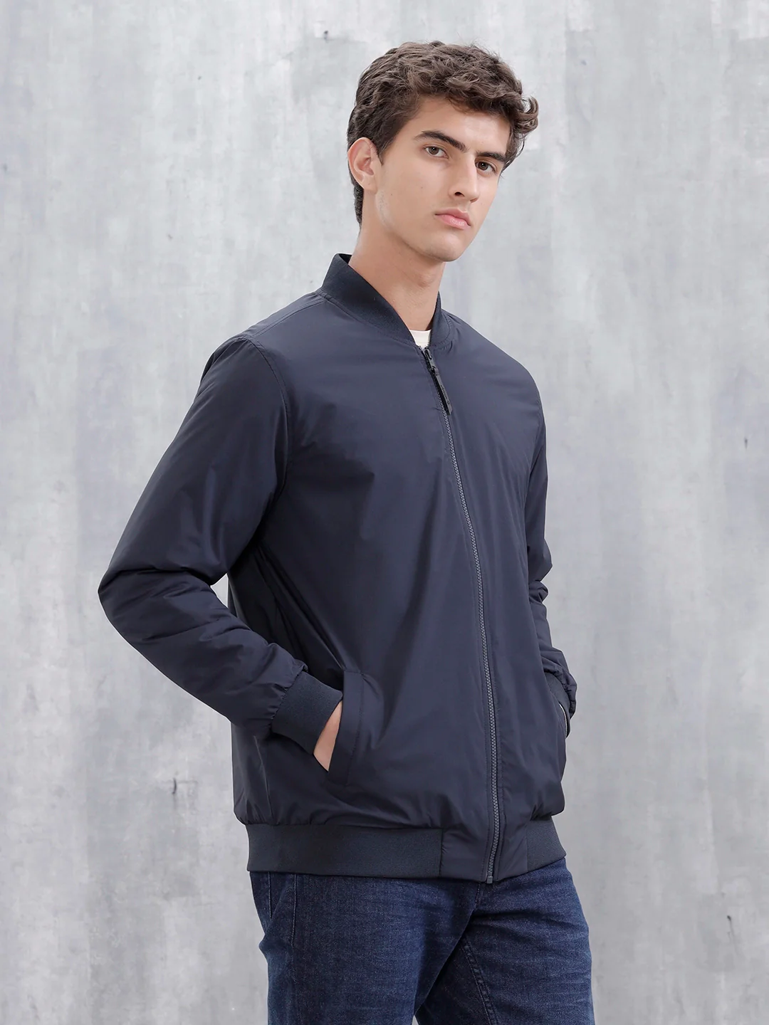 Men's Casual Solid Bomber Jacket | Navy Blue - Image 4